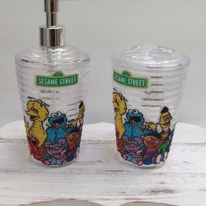 Elmo inspired soap dispenser/ Big Bird toothbrush holder. New